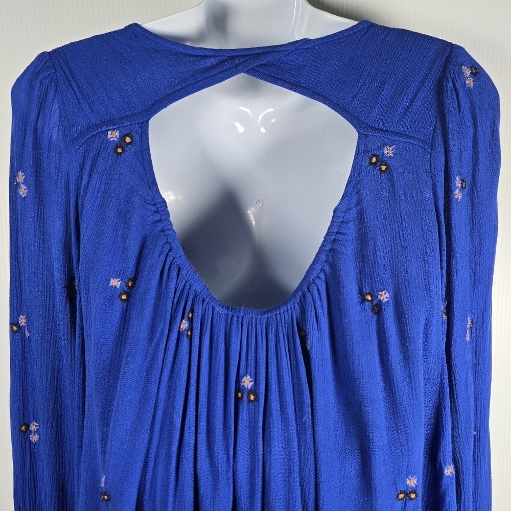 Free People Women's Boho Blue Oxford Embroidered Balloon Sleeve Dress Size S - Picture 9 of 16